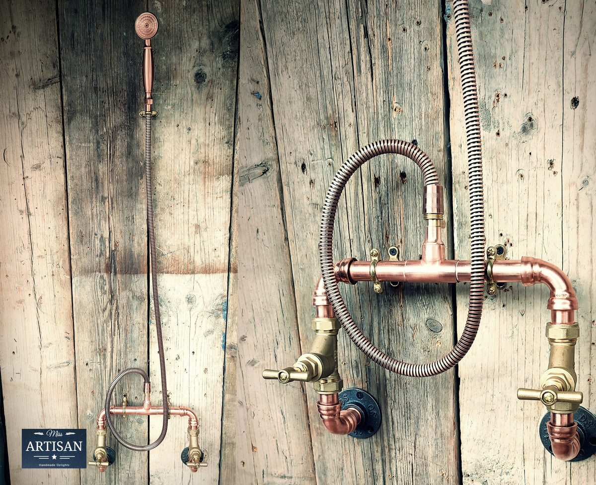 Wall Mounted Exposed Copper Showers With Hand Sprayer Indoor Outdoor
