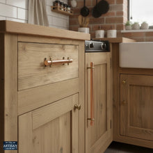 Charger l'image dans la galerie, 22mm / 28mm Copper Pull Handles | Show this handle in a canpervan kitchen setting.
