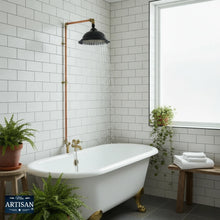 Load image into Gallery viewer, 8 Inch Black Bell Shower Heads | Show this shower head with copper pipe in a bathroom setting with water flowing through the shower head.