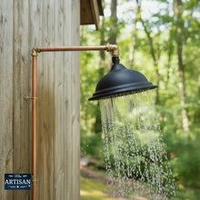 Load image into Gallery viewer, 8 Inch Black Bell Shower Heads | Show this with water flowing from the shower head on the side of a wood cabin 2k high quality.