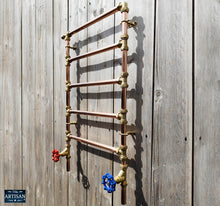Laden Sie das Bild in den Galerie-Viewer, Copper And Brass Radiator With Oversized Red And Blue Wheel Handles