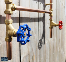 Laden Sie das Bild in den Galerie-Viewer, Copper And Brass Radiator With Oversized Red And Blue Wheel Handles