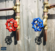Laden Sie das Bild in den Galerie-Viewer, Copper And Brass Radiator With Oversized Red And Blue Wheel Handles