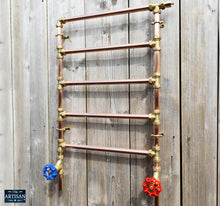 Laden Sie das Bild in den Galerie-Viewer, Copper And Brass Radiator With Oversized Red And Blue Wheel Handles