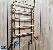Laden Sie das Bild in den Galerie-Viewer, Copper And Brass Radiator With Oversized Red And Blue Wheel Handles