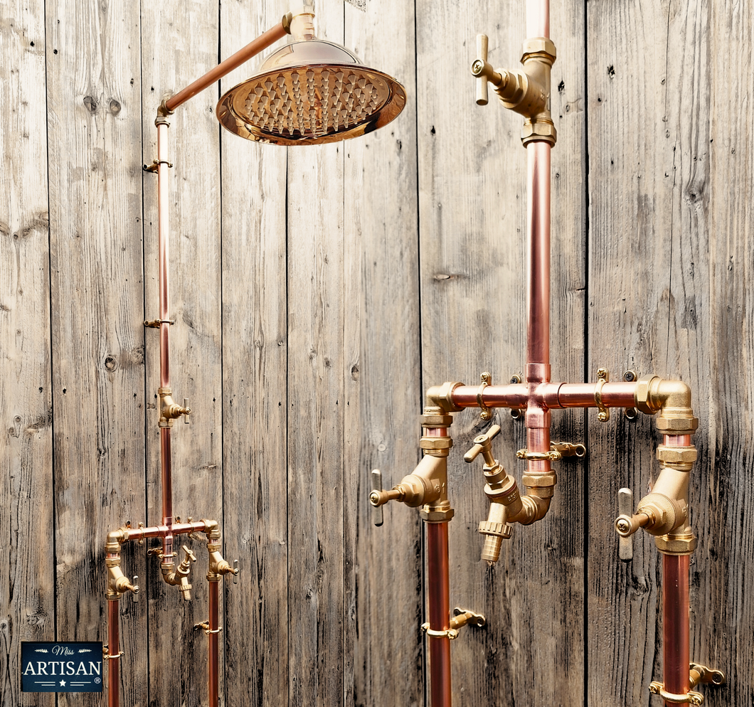 Copper And Brass Shower With Lower Tap And Down Pipes
