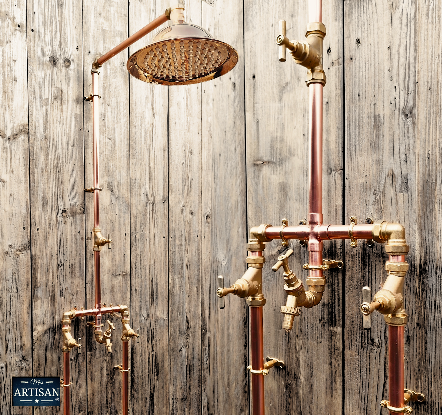 Copper And Brass Shower With Lower Tap And Down Pipes