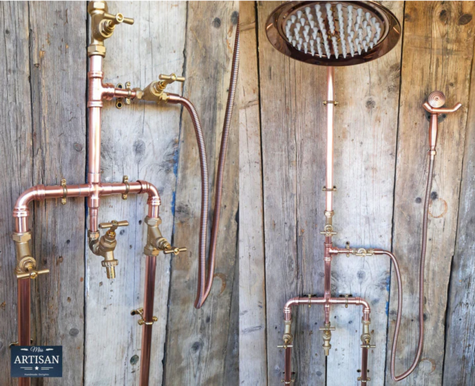 Copper Rainfall Shower With Outside Tap, Down Pipes And Hand Sprayer