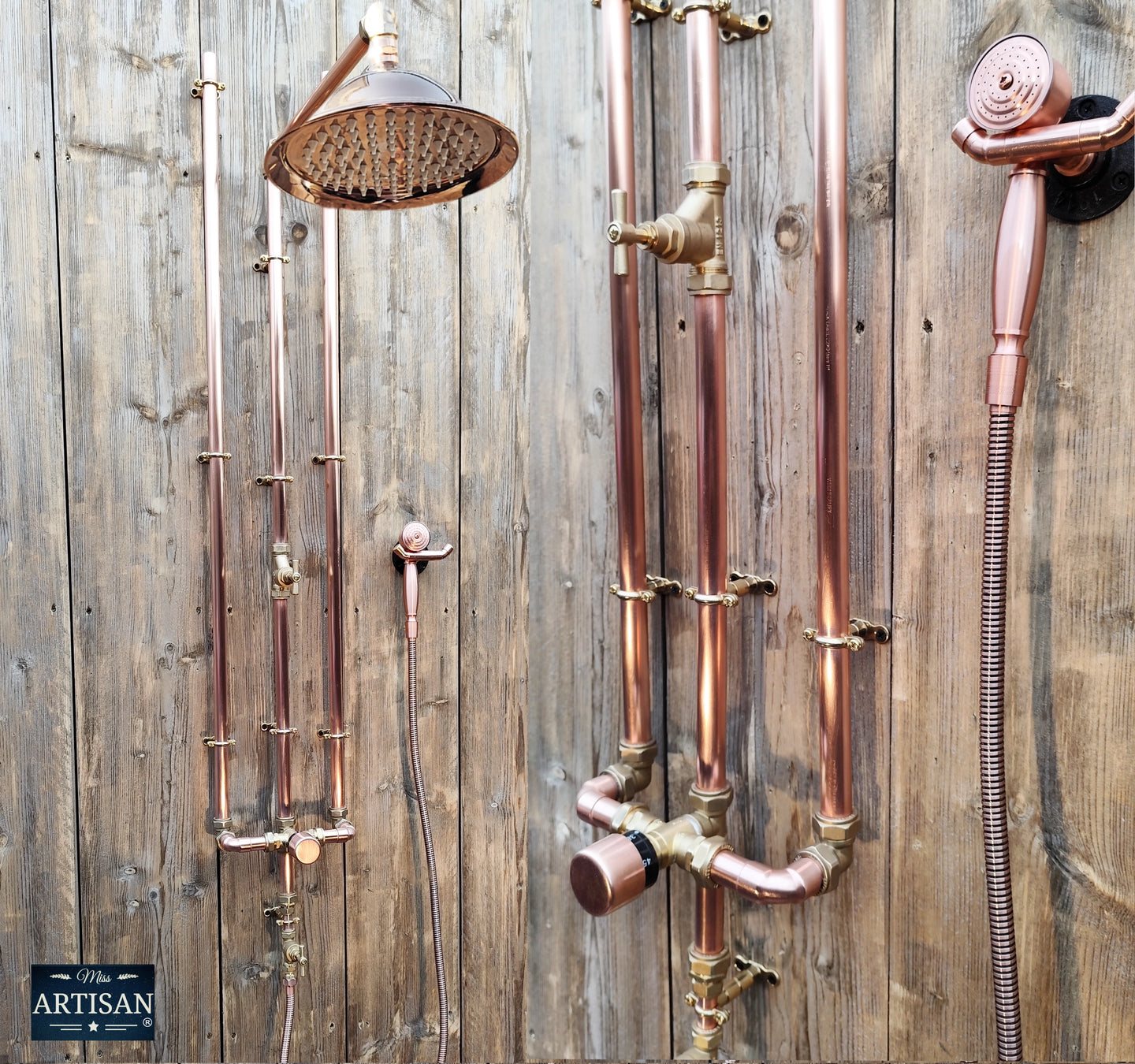 Thermostatic Copper Shower With Ceiling Pipes And Hand Sprayer