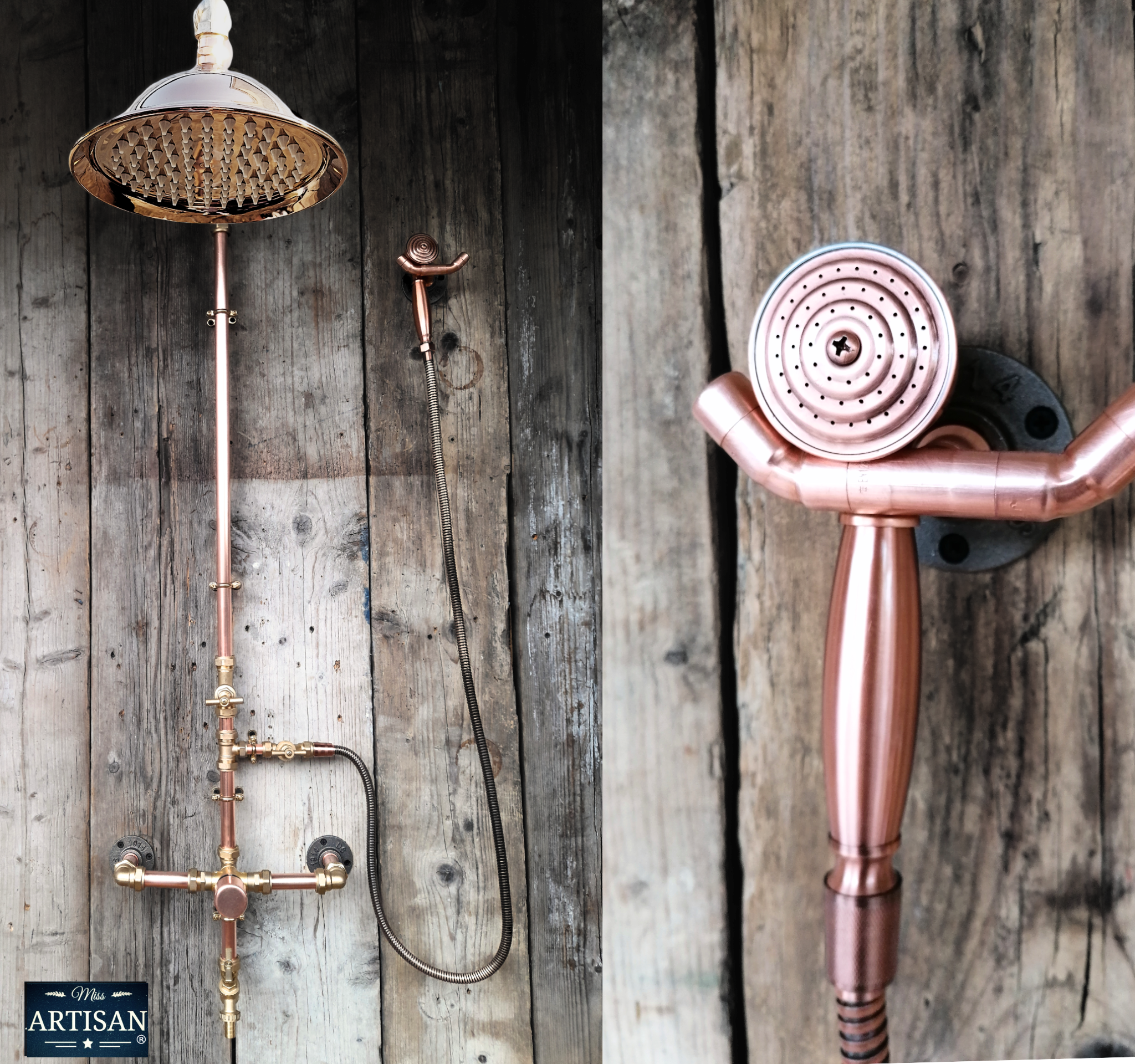 thumbnail image 2 of 8" Rainfall Shower Head & Hand Shower Combo With Tub Spout – Antique Copper Finish, Solid Brass, Wall Mount, 1-Handle Ceramic Valve 2 of 2