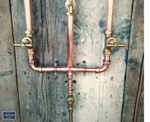 Copper Rainfall Shower With Ceiling Pipes And Hand Sprayer