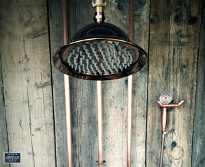 Copper Rainfall Shower With Ceiling Pipes And Hand Sprayer