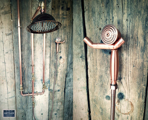 Copper Rainfall Shower With Ceiling Pipes And Hand Sprayer