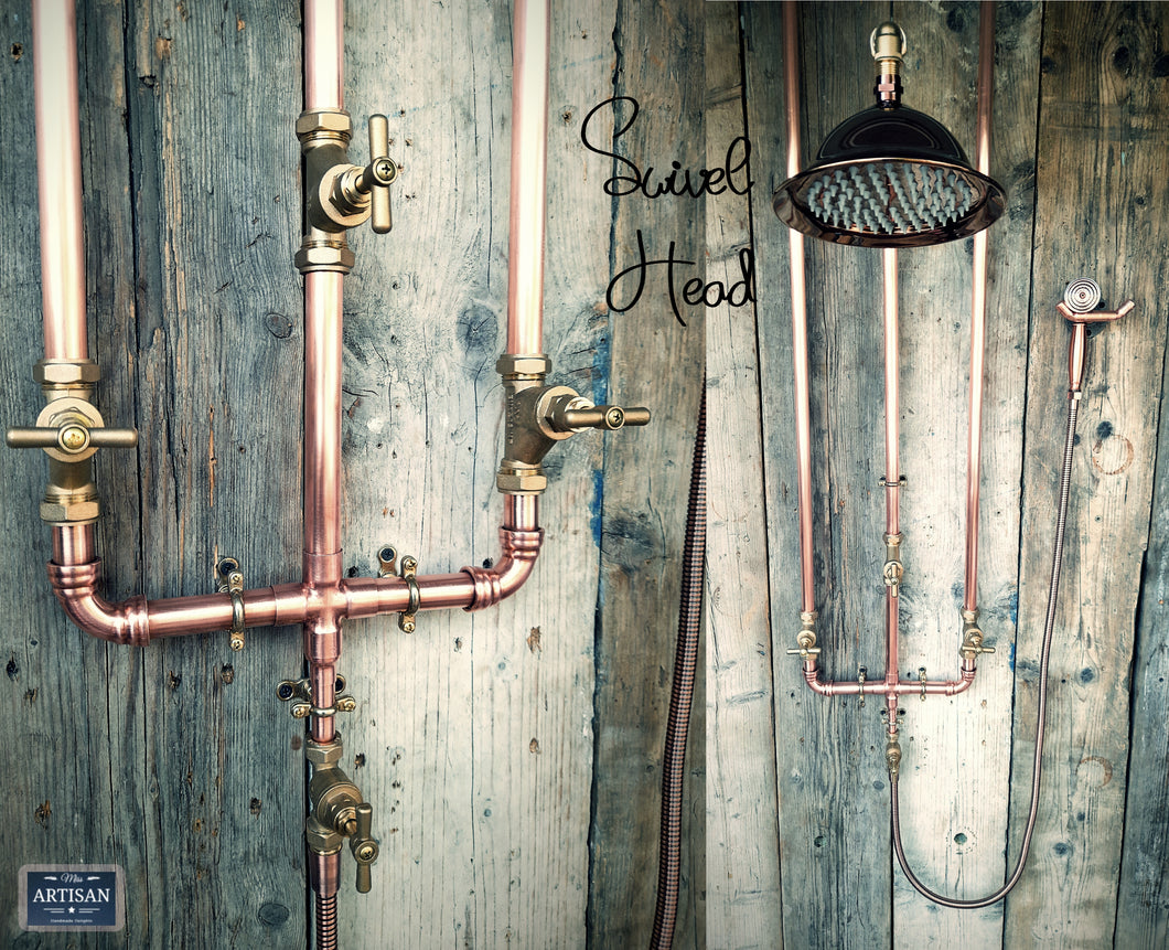 Copper Rainfall Shower With Ceiling Pipes And Hand Sprayer