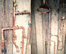 Load image into Gallery viewer, Copper Rainfall Shower With Lower Faucet, Down Pipes And Hand Sprayer
