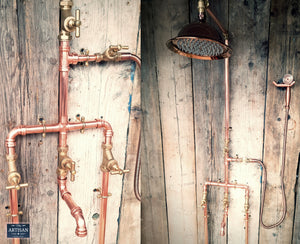 Copper Rainfall Shower With Lower Faucet, Down Pipes And Hand Sprayer