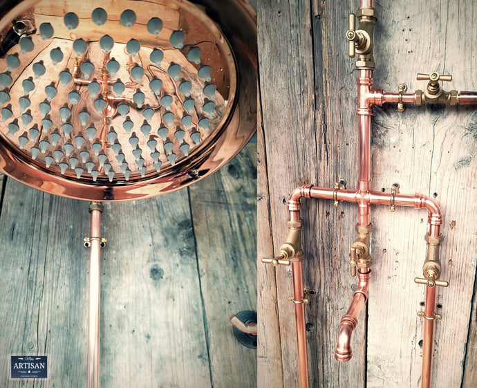 Copper Rainfall Shower With Lower Faucet, Down Pipes And Hand Sprayer