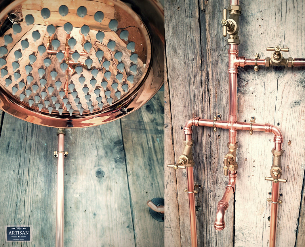 Copper Rainfall Shower With Lower Faucet, Down Pipes And Hand Sprayer