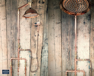 Copper Rainfall Shower With Lower Faucet, Down Pipes And Hand Sprayer