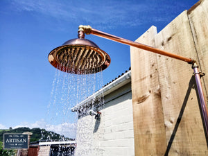 Outdoor / Indoor Copper Rainfall Shower With Lower Tap, Down Pipes And Hand Sprayer - Miss Artisan