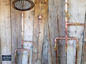 Copper Rainfall Shower With Outside Tap, Down Pipes And Hand Sprayer