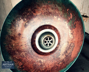 Rustic Old Verdigris Copper Sink Bowls With Strainers
