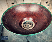 Load image into Gallery viewer, Rusty Rustic Old Verdigris Copper Sink Bowl With Strainer