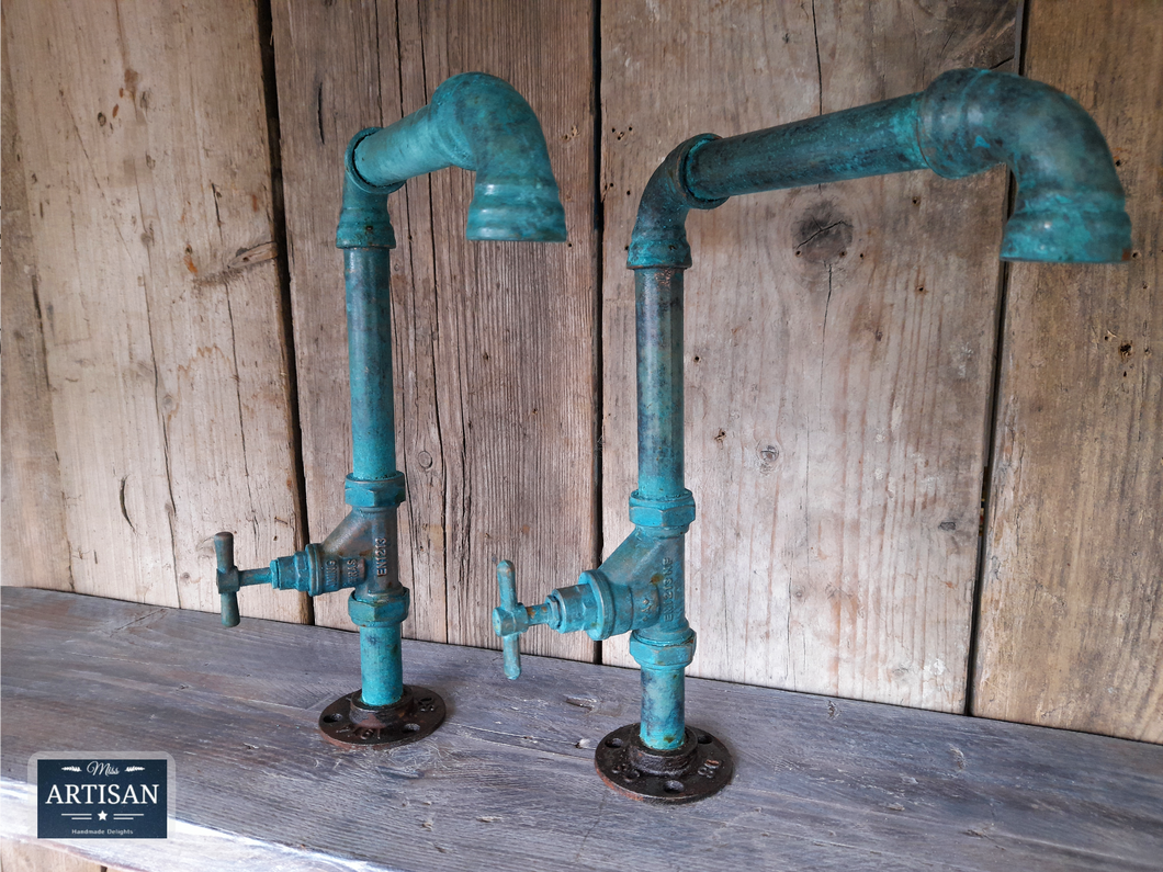 Outdoor / Indoor Pair Of Verdigris Copper Swivel Faucet Taps - Miss Artisan