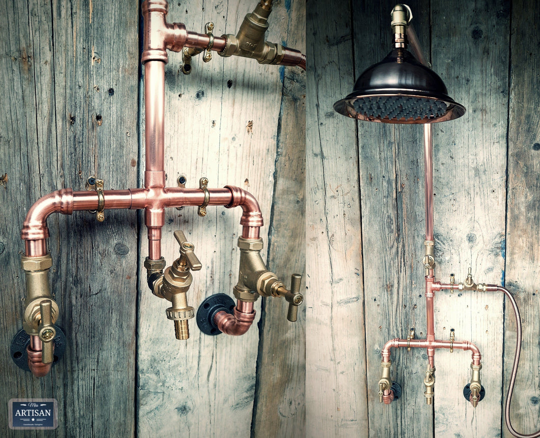 Copper Rainfall Shower With Lower Tap And Hand Sprayer - Wall Mounted