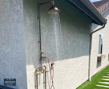 Load image into Gallery viewer, Copper Rainfall Shower With Outside Tap, Down Pipes And Hand Sprayer