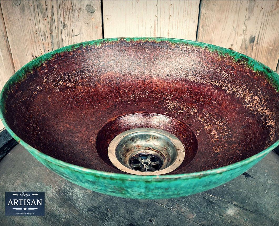 Rusty Rustic Old Verdigris Copper Sink Bowl With Strainer