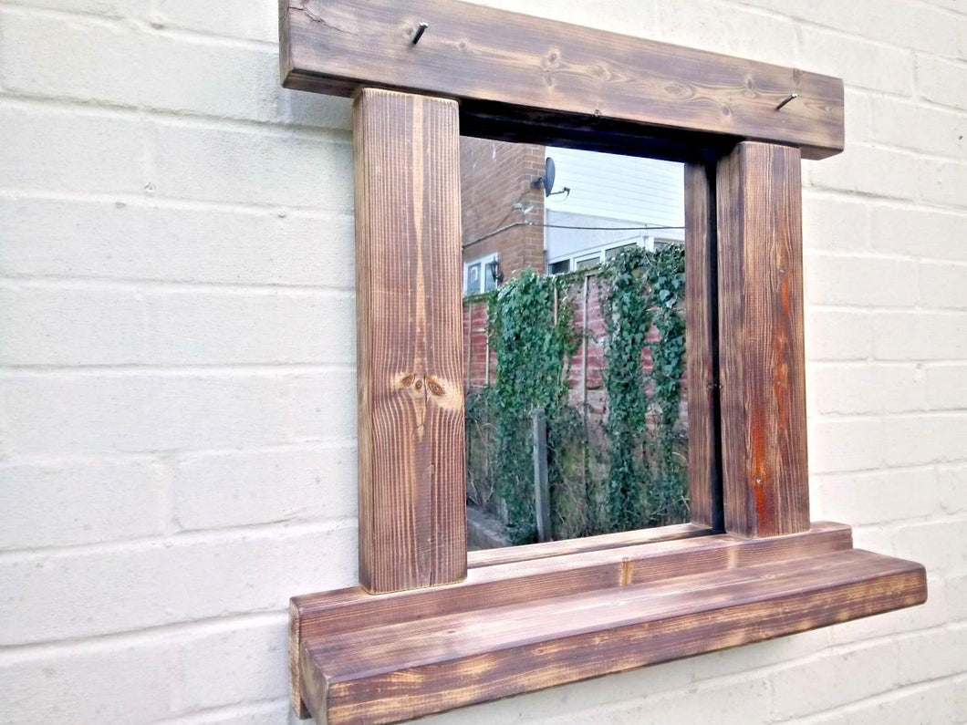 Reclaimed Solid Wood Rustic Mirror With Shelf - Style 2 - Miss Artisan