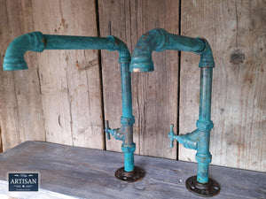 Outdoor / Indoor Pair Of Verdigris Copper Swivel Faucet Taps - Miss Artisan